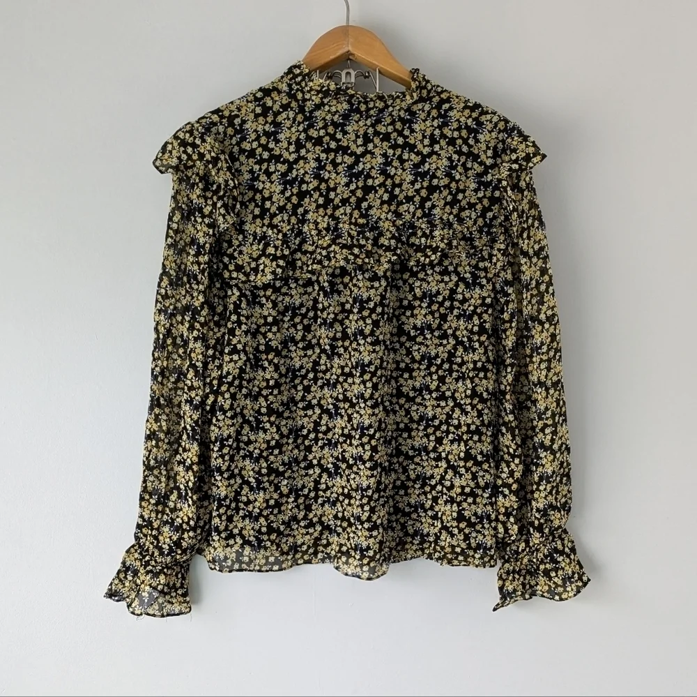 Boden Shirt Women's 16/18R Black Yellow Abstract Sprig Zoe Frill Detail Blouse - Picture 5 of 6